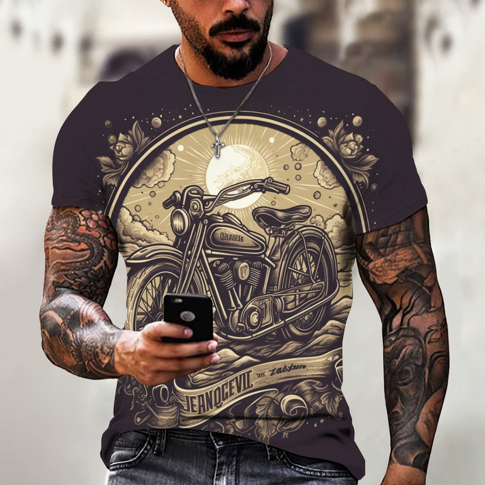 Herren Fashion Vintage Biker 3D T-Shirt Rundhals Unisex Sommer Streetwear