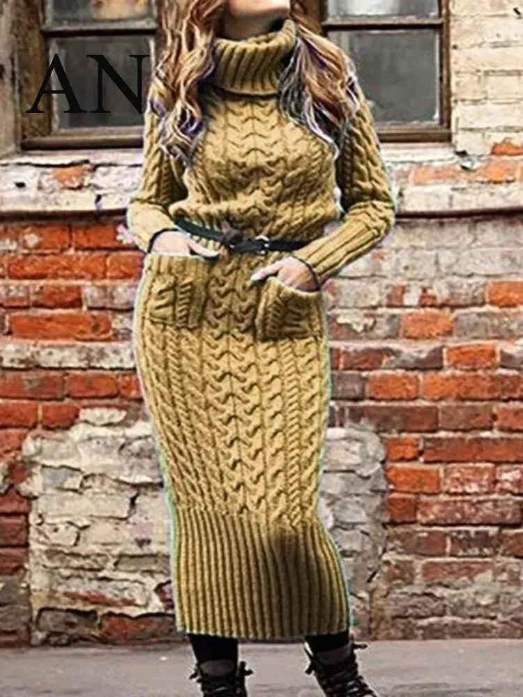 Damen Wollkleid Rollkragen Stiefelkleid Herbstkleid Winterkleid Strickkleid