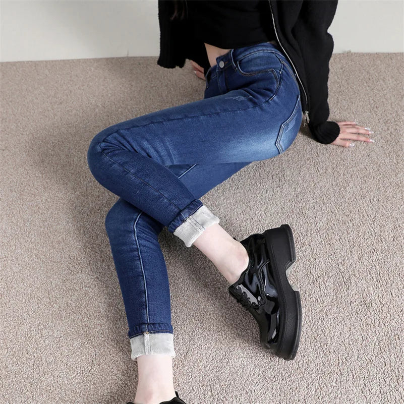 Damen Winter Warm Thermo Jeans Hose Innenfleece Stretch Hosen Leggins Denim