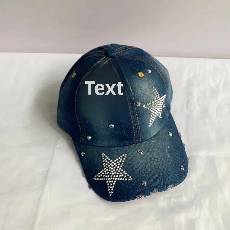 Jeans Basecap Cappy Denim Look Cap Kappe LOVE Strass gebogen Herren Damen