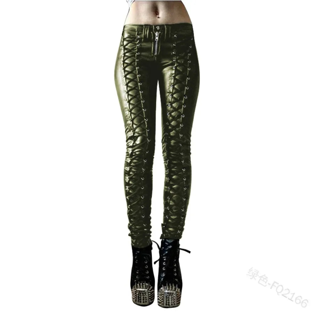 Sexy Damen Leggings Push Up Leggins Gothic Punk Hose PU Lederhose Reißverschluss