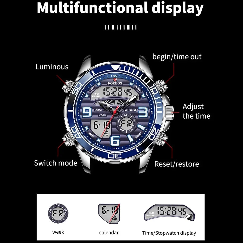 Herren Armbanduhr Silber Schwarz Edelstahl Quarzuhr Luxus Chronograph Business