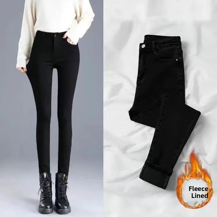Damen Winter Warm Thermo Jeans Hose Innenfleece Stretch Hosen Leggins Denim