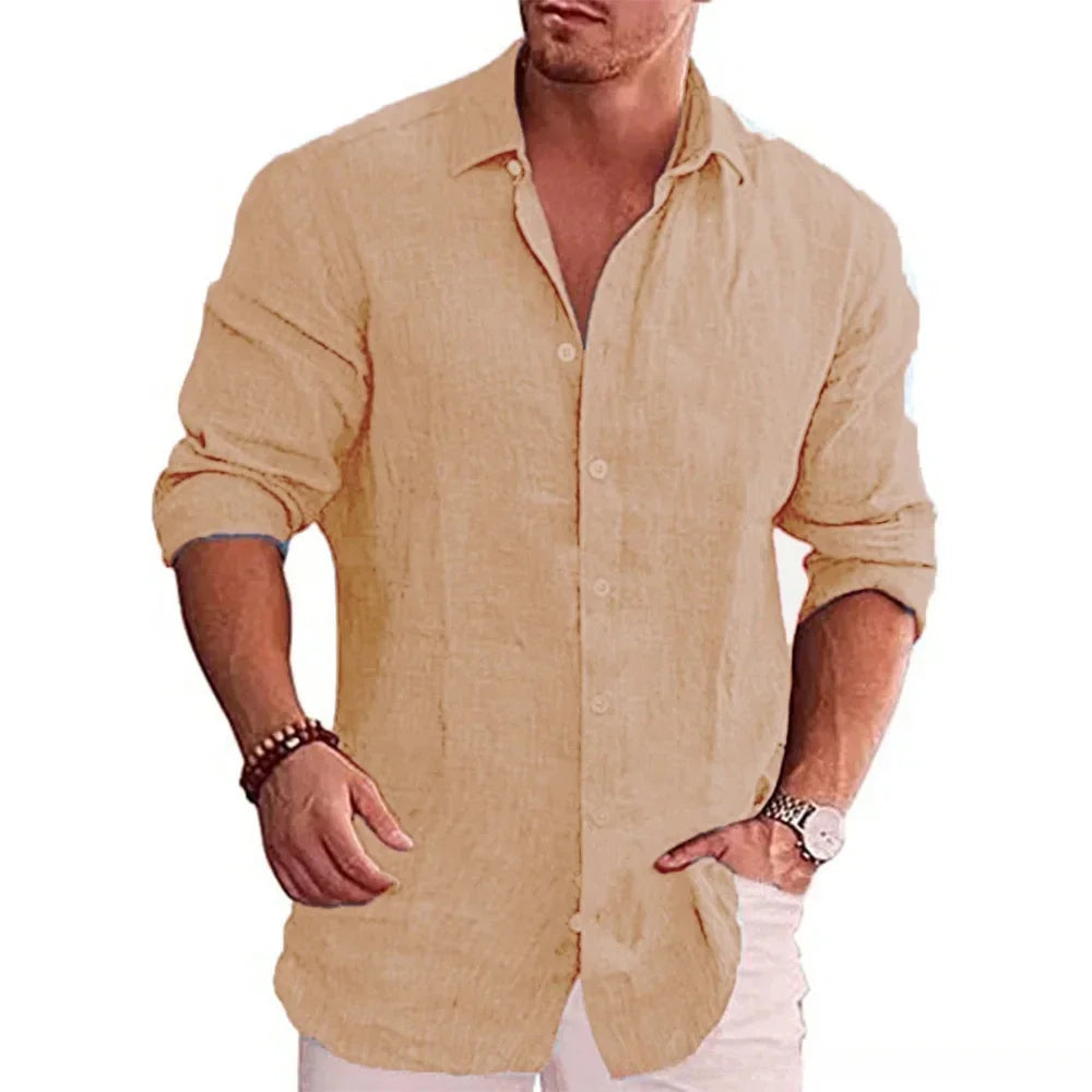 Herren Poloshirt Leinenhemd Langarm T-Shirt Leinen Hemd Polohemd Freizeithemd