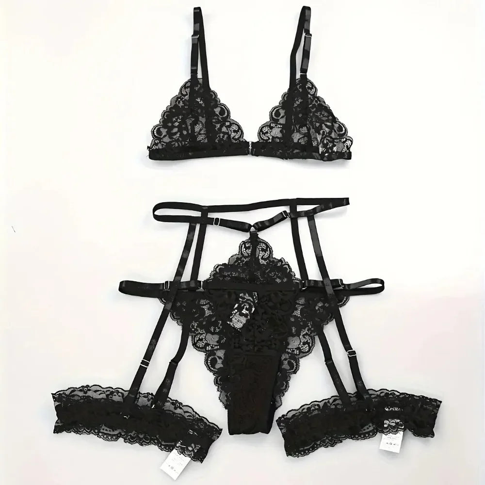 3 Stk BH Set Damen Sexy Spitze Dessous Bodysuit Body Unterwäsche Schwarz Tanga