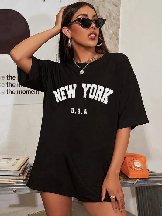 Damen Sommer Top NEW YORK U.S.A T-Shirt Rundhals Streetwear Baumwoll Damentop