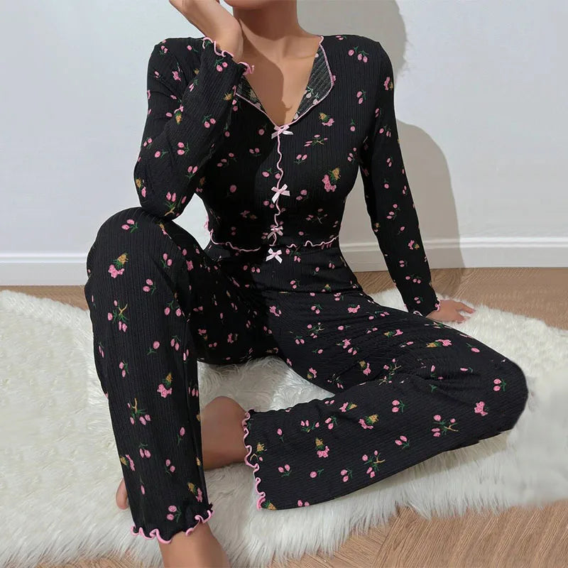 Pyjama für Damen Nachtwäsche Nachthemd Schlafanzug Zweiteiliger Hausanzug