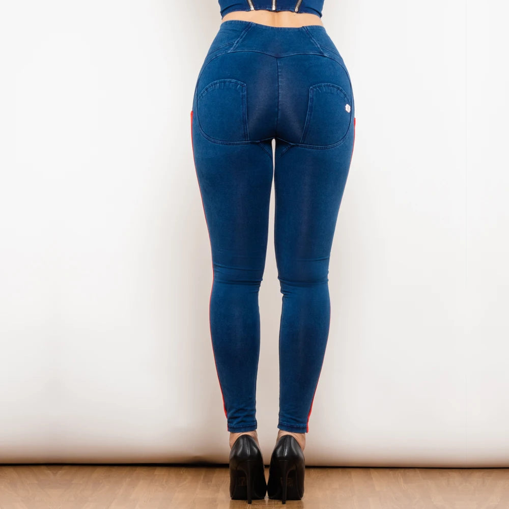 Leggins Donna Vita Alta Pantaloni Jeans Sportivi Fitness Palestra Effetto Denim