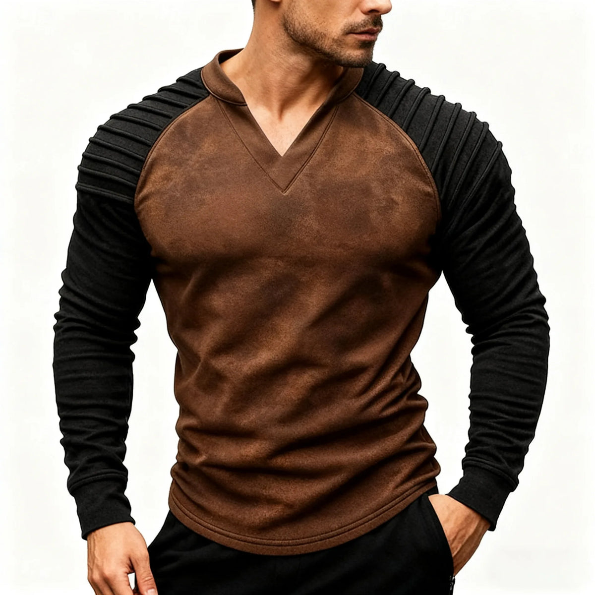 Herren Langarm T-Shirt Raglan Ärmel Patchwork Wildleder Casual Freizeit