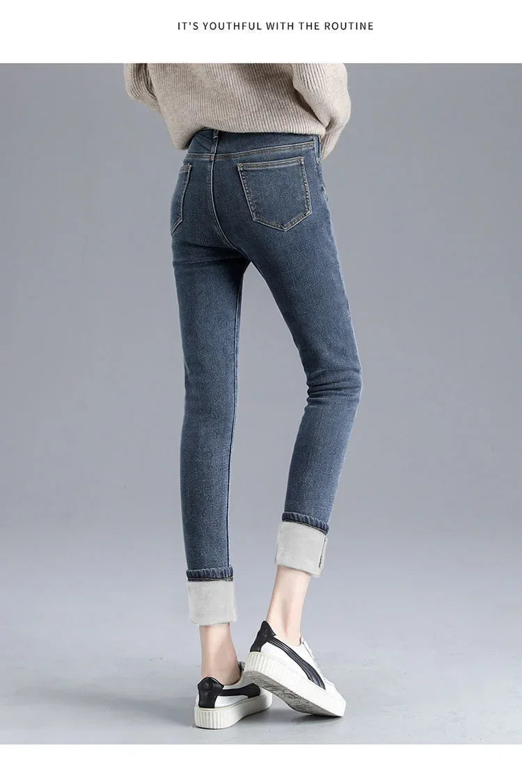 Damen Winter Warm Thermo Jeans Hose Innenfleece Stretch Hosen Leggins Denim