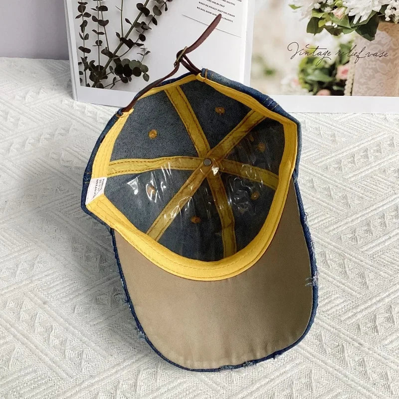 Jeans Basecap Cappy Denim Look Cap Kappe LOVE Strass gebogen Herren Damen