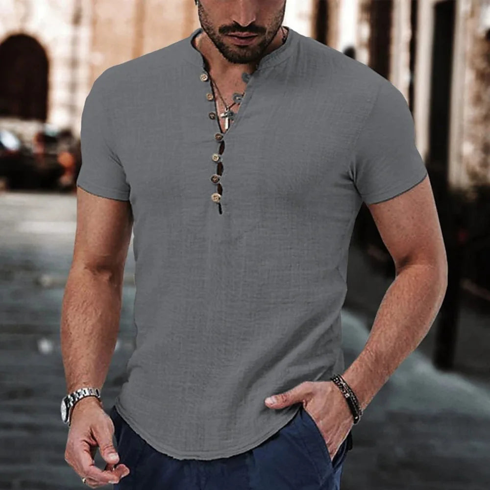 Herren Poloshirt Leinenhemd Langarm T-Shirt Leinen Hemd Polohemd Freizeithemd