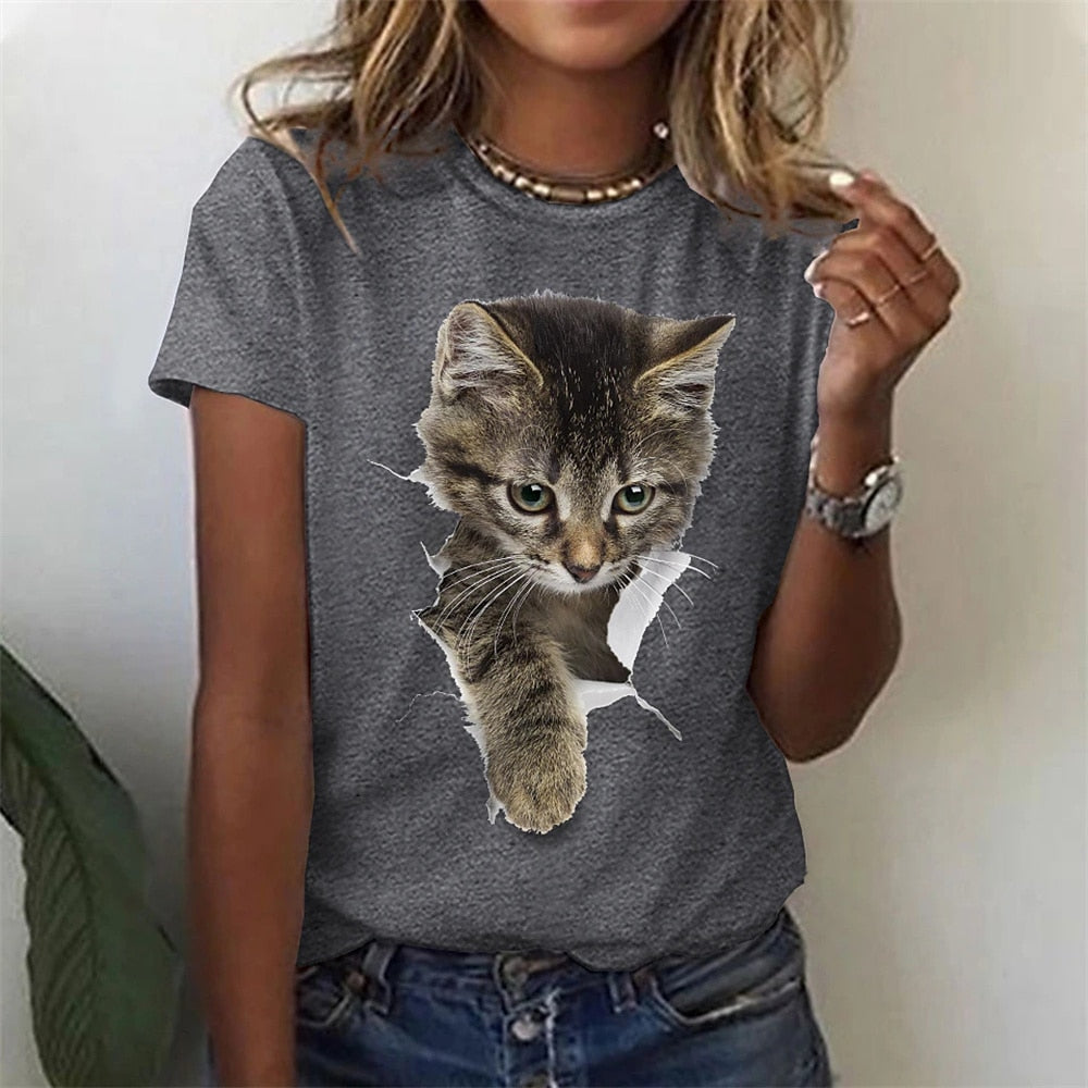 Damen Sommer Top 3D Katzen T-Shirt Rundhals Streetwear lockeres Damentop