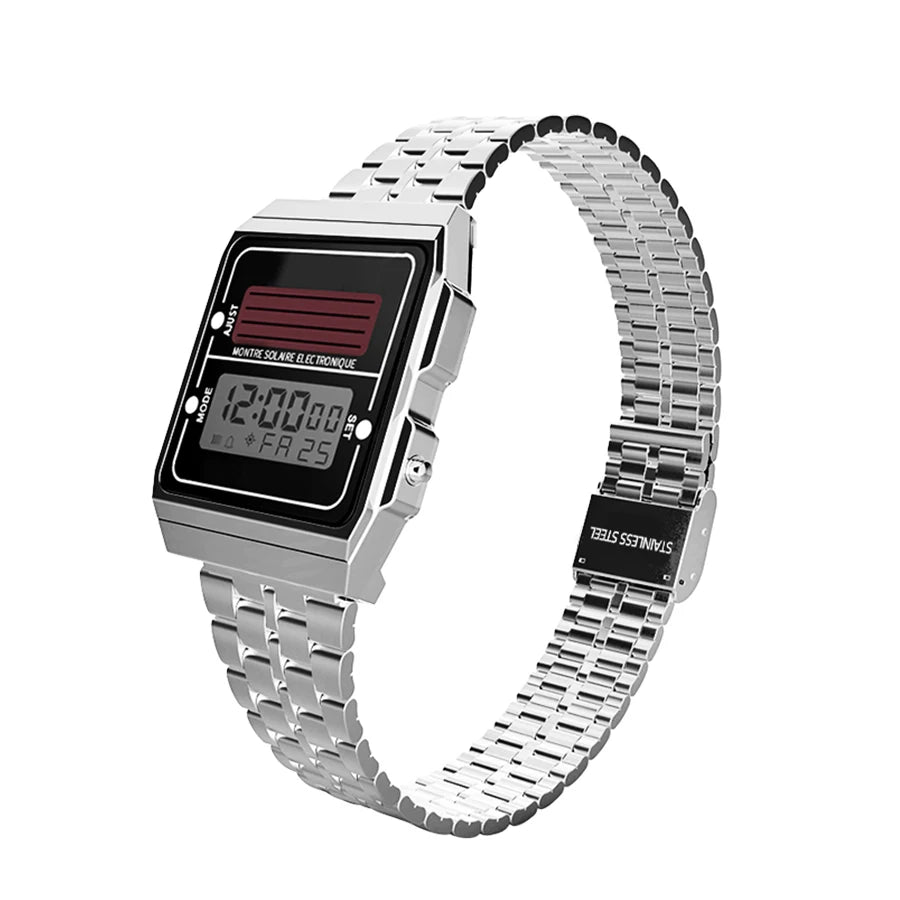 Solar Herren Digitaluhr Retro Chronograph Edelstahlarmband Wasserdicht Multifunktionale Sport Elektronische Uhren