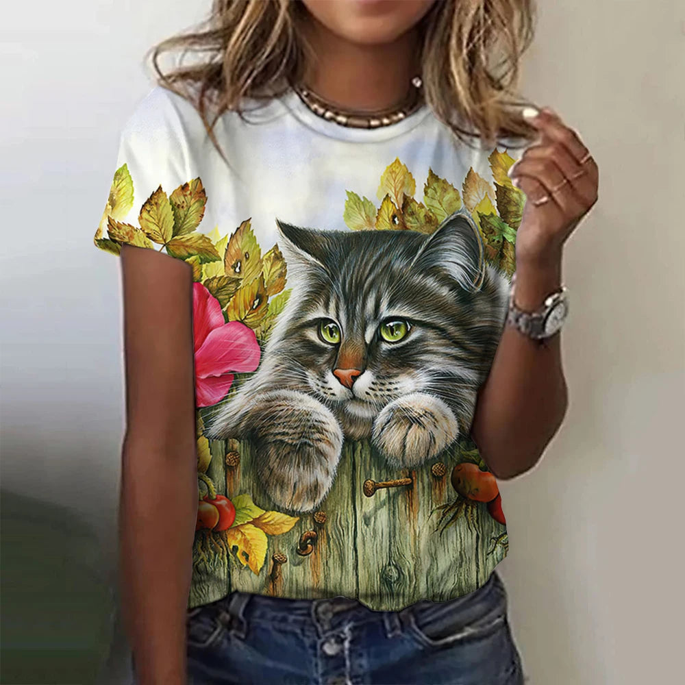Damen Sommer Top 3D Katzen T-Shirt Rundhals Streetwear lockeres Damentop Bluse