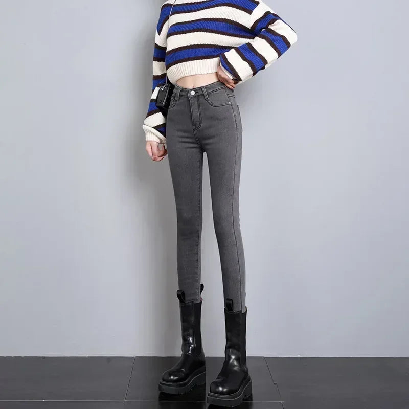 Damen Winter Warm Thermo Jeans Hose Innenfleece Stretch Hosen Leggins Denim