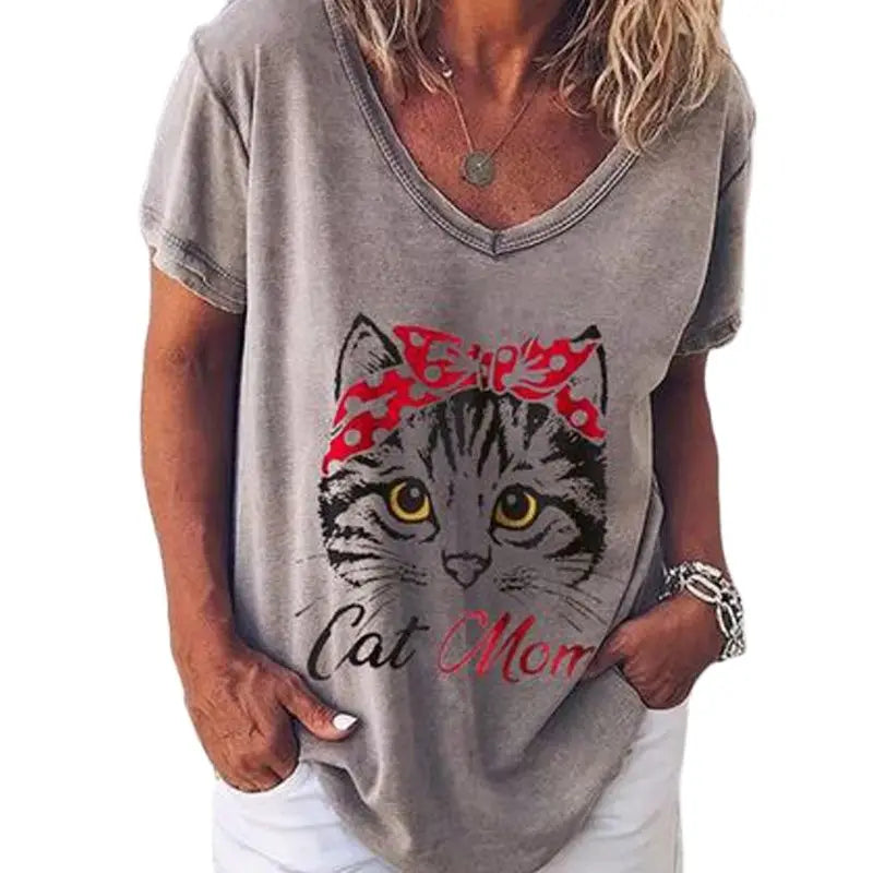Damen Sommer Top Katzen T-Shirt Rundhals Streetwear Bluse Damentop Mädchen