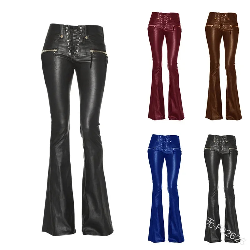Damen Hose Gothic Punk PU Lederhose Bootcut Strech Hüftjeans Schlaghose Flared