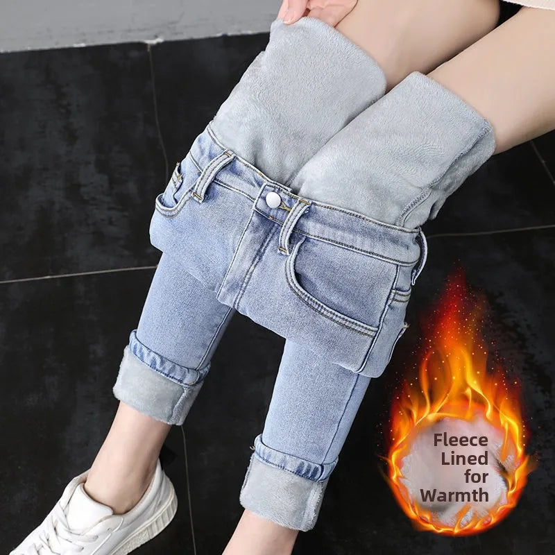 Damen Winter Warm Thermo Jeans Hose Innenfleece Stretch Hosen Leggins Denim