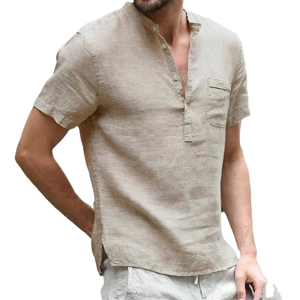 Herren Poloshirt Leinenhemd Kurzarm T-Shirt Leinen Hemd Polohemd Freizeithemd