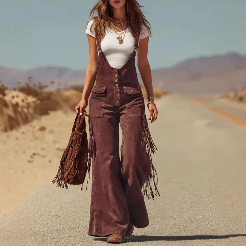 Damen Fashion Hose Latzhose Schlaghose Retro Western Flare Trägerhose Overall