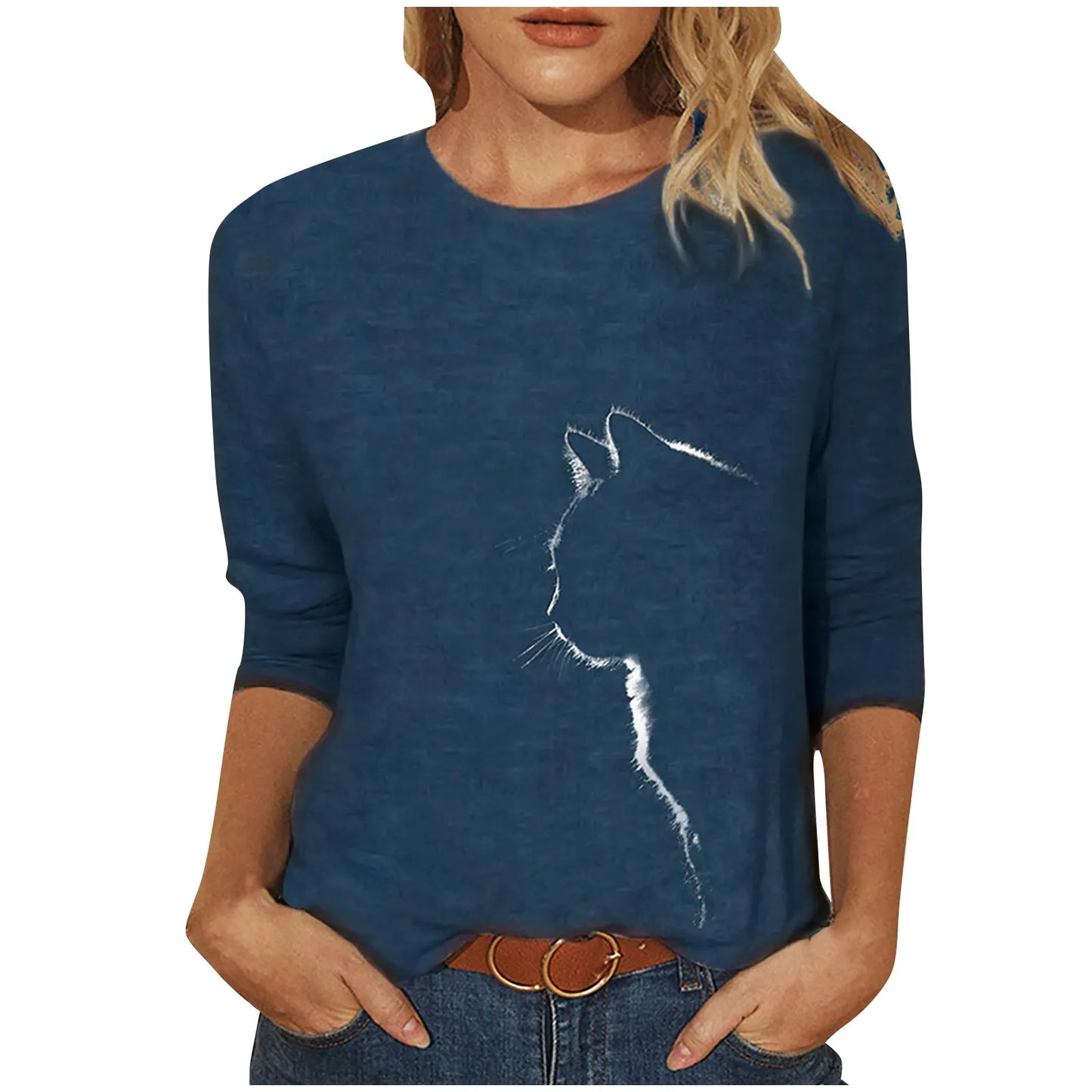 Damen Sommer Top Katzen Langarm T-Shirt Rundhals Streetwear lockeres Damentop