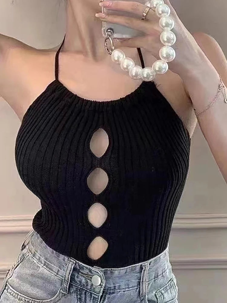 Gestrickte ärmellose Neckholder-Top Damen Tank Top Shirt Trägertop Oberteil