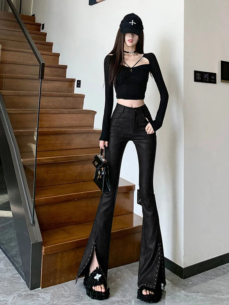 Damen Hose Gothic Punk PU Lederhose Bootcut Strech Hüftjeans Schlaghose Flared