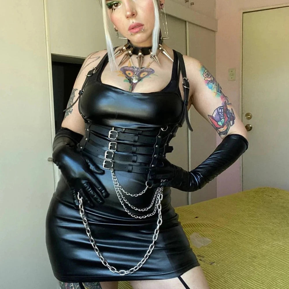 Sexy Harness Ketten BH Gürtel Frauen Lack und Leder Kleid Bdsm Bondage Dessous