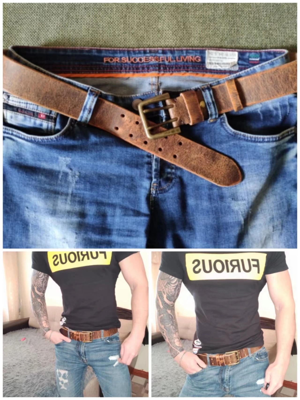 Jeans-Gürtel Herren Eckig Schnalle Echt Leder Gürtel Braun Breite Schnalle