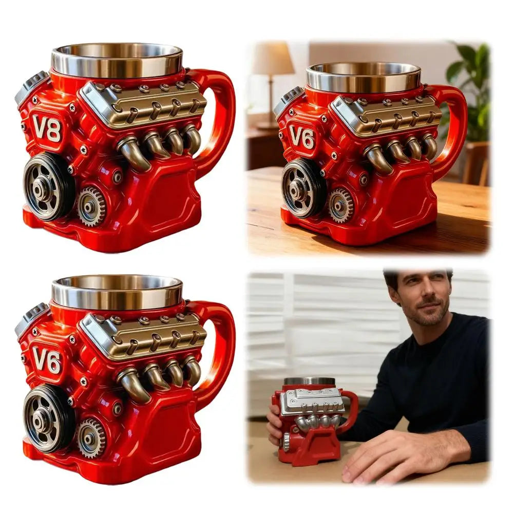 Edelstahl-Kaffeebecher Mug V8-Motoren-Motiv Kaffeetasse Becher Tasse Geschenk