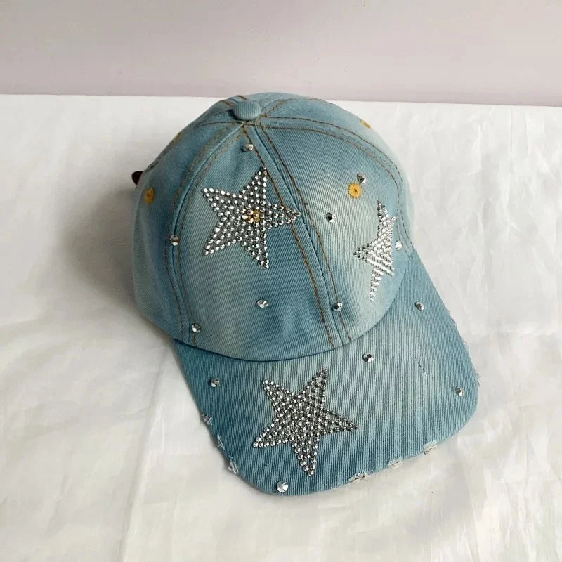 Jeans Basecap Cappy Denim Look Cap Kappe LOVE Strass gebogen Herren Damen