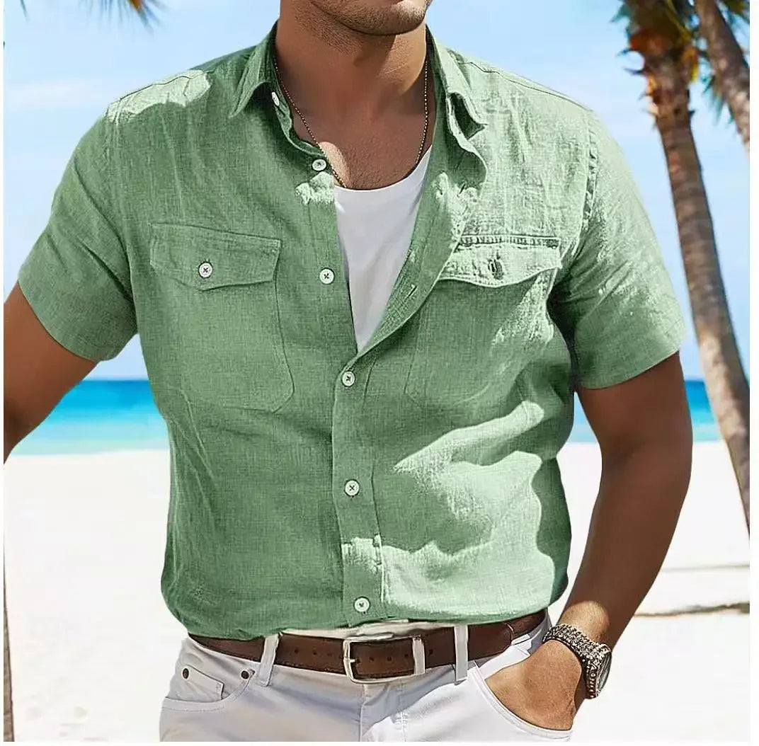 Herren Leinenhemd Poloshirt Langarm T-Shirt Leinen Hemd Polohemd Freizeithemd