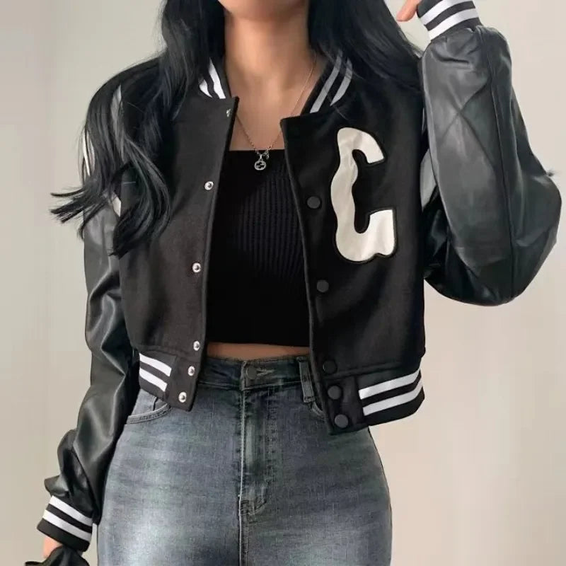 Damen College Baseball Retro Bomber Jacke Sweatjacke Collegejacke Streetwear
