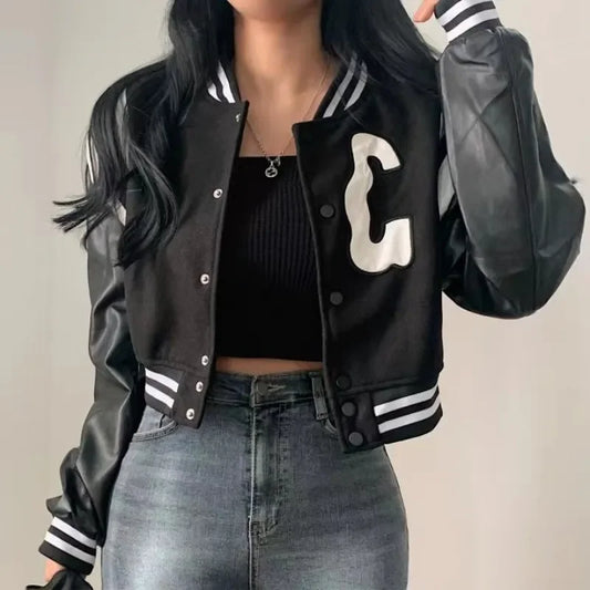 Damen College Baseball Retro Bomber Jacke Sweatjacke Collegejacke Streetwear
