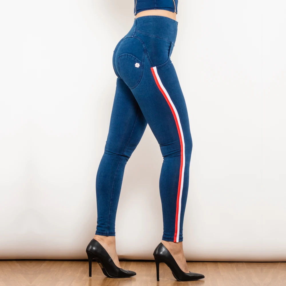 Leggins Donna Vita Alta Pantaloni Jeans Sportivi Fitness Palestra Effetto Denim