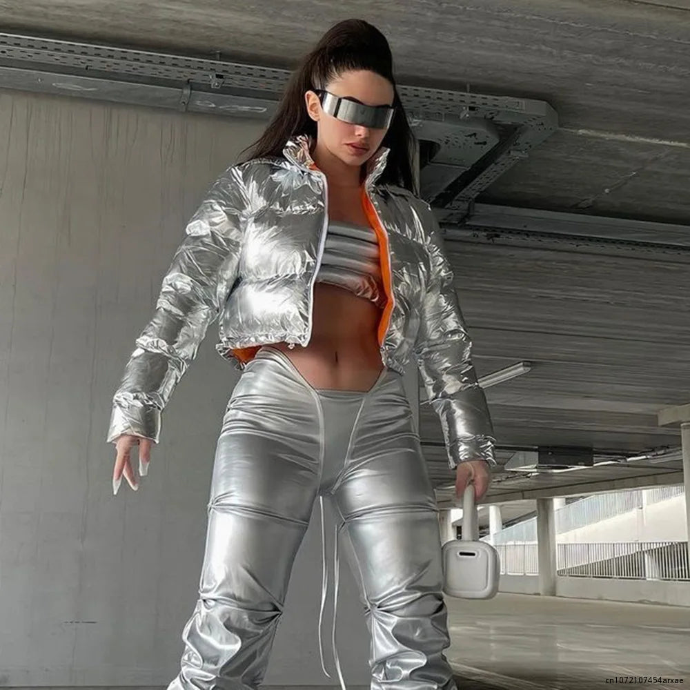 Damen Glänzende Daunenjacke Mit Kapuze Silber Steppjacke Streetwear Stepp Jacke