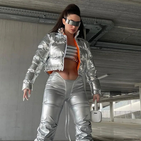 Damen Glänzende Daunenjacke Mit Kapuze Silber Steppjacke Streetwear Stepp Jacke