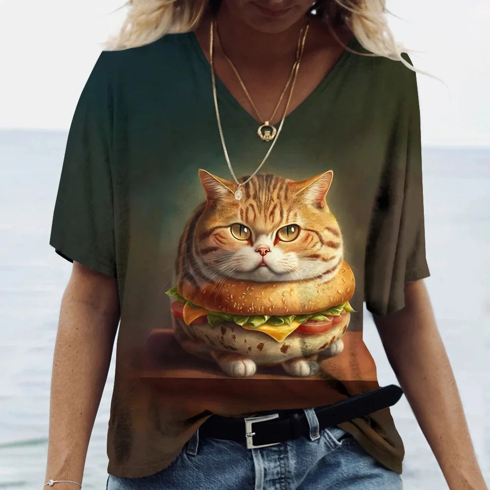 Damen Sommer Top Katzen T-Shirt V-Ausschnitt Hemd & Bluse Damentop Mädchen
