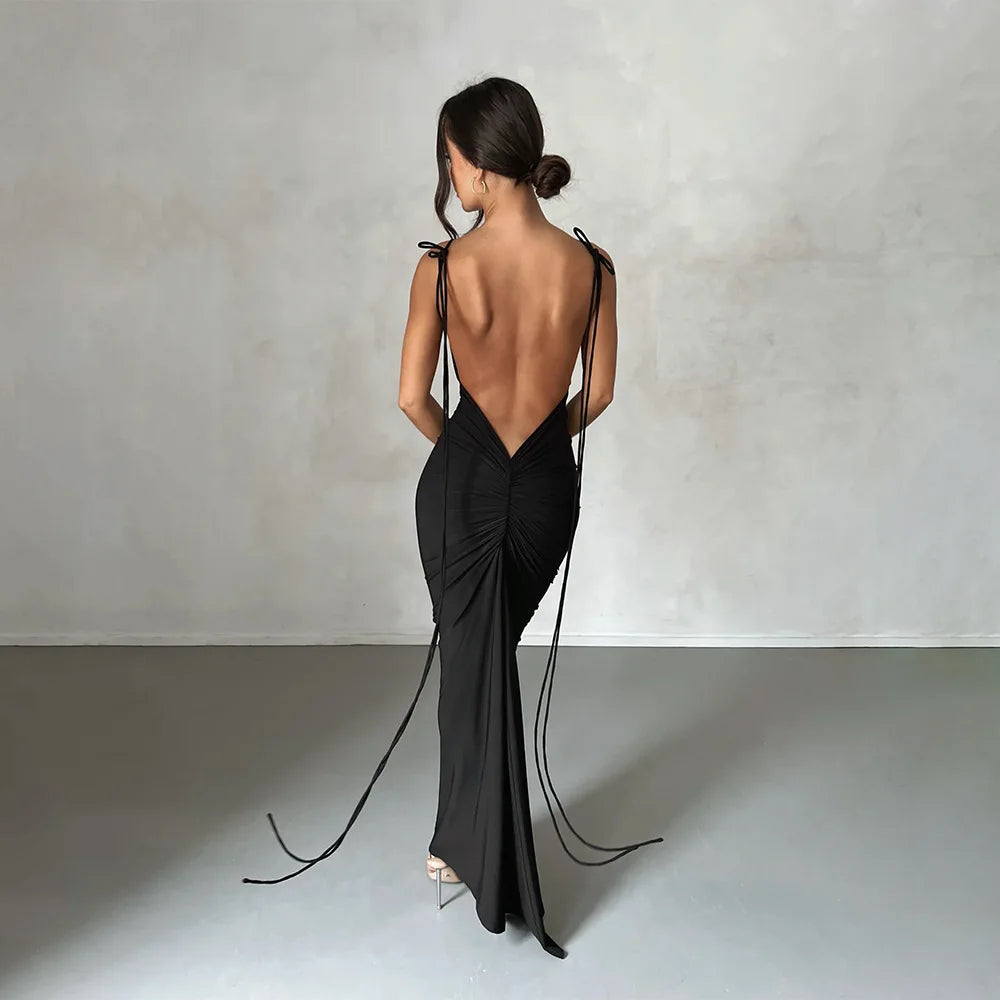 Frauen Kleid rückenfreies Partykleid Langes Trägerkleid Abendkleid Cocktailkleid