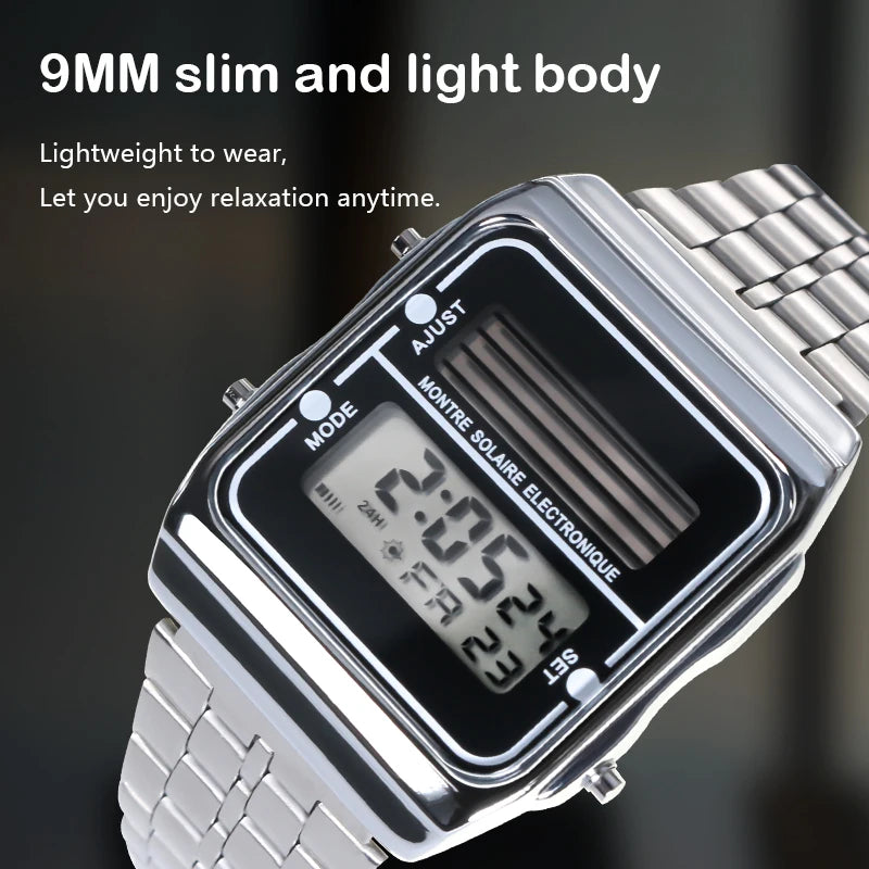 Solar Herren Digitaluhr Retro Chronograph Edelstahlarmband Wasserdicht Multifunktionale Sport Elektronische Uhren