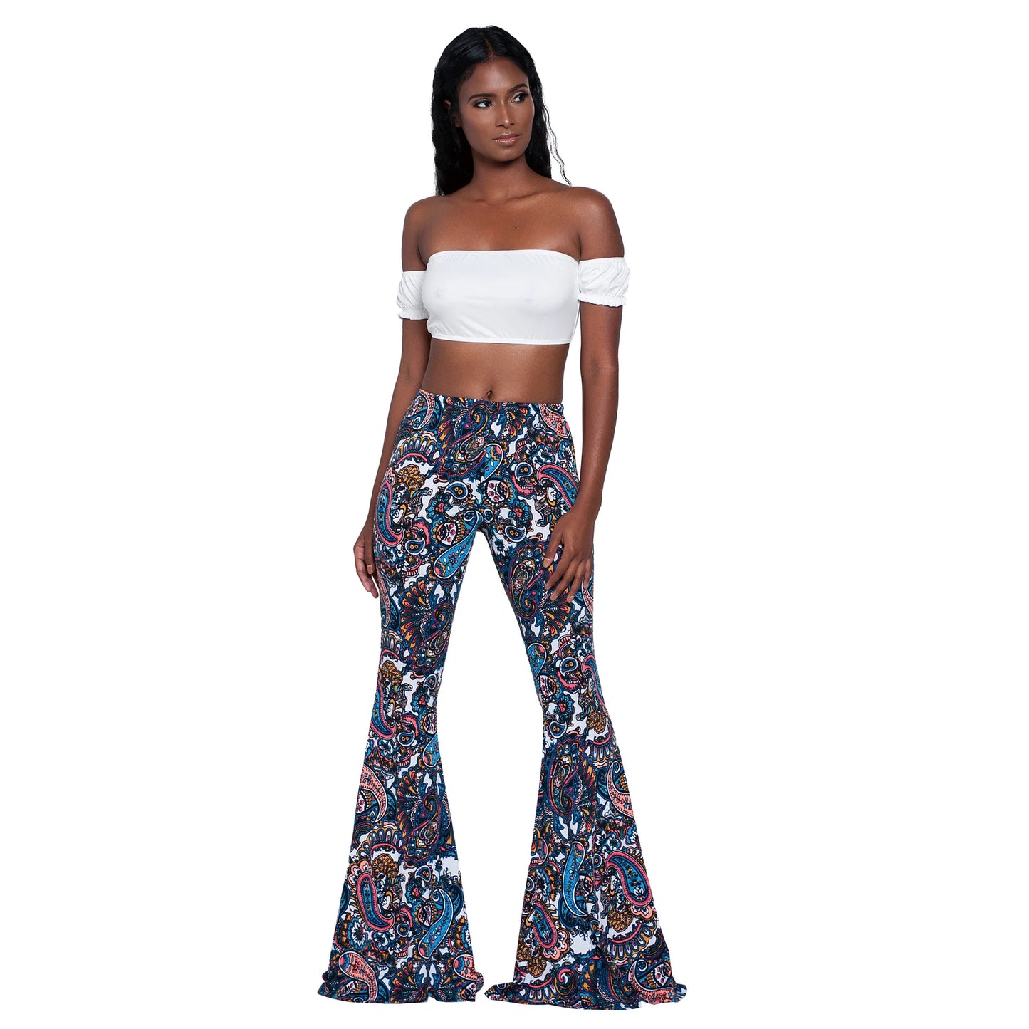 Damen Yoga Hose Bootcut Hüftjeans Schlaghose Flared Leggins Flower Power Retro