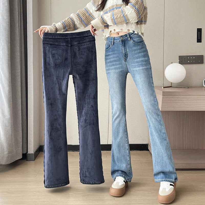 Damen Winter Warm Thermo Jeans Hose Innenfleece Stretch Hosen Leggins Denim