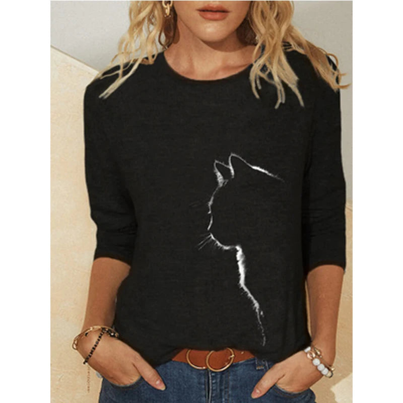 Damen Sommer Top Katzen Langarm T-Shirt Rundhals Streetwear lockeres Damentop