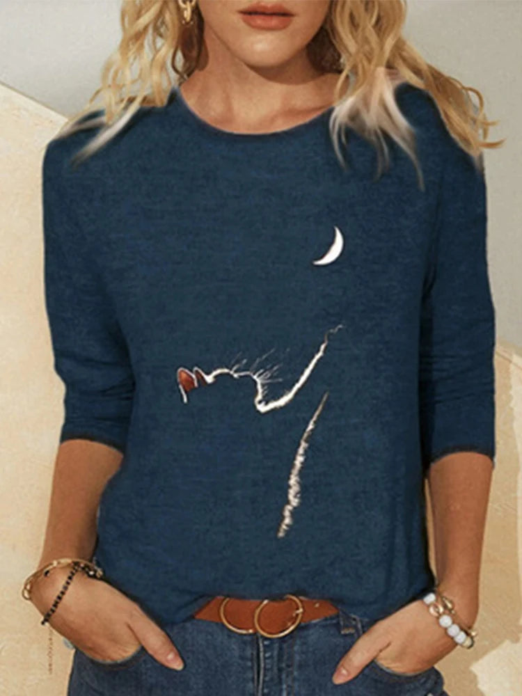 Damen Sommer Top Katzen Langarm T-Shirt Rundhals Streetwear lockeres Damentop