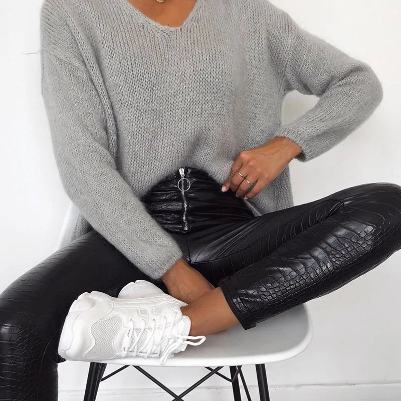 Sexy Damen Leggings Push Up Leggins Hose glänzendes PU Lederhose Reißverschluss