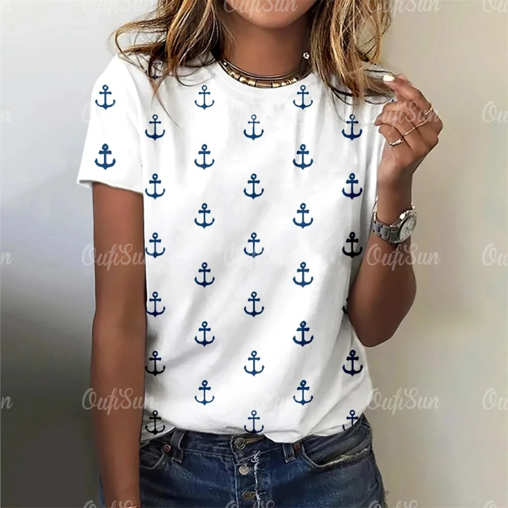 Damen Sommer Top Anker T-Shirt Rundhals Streetwear lockeres Damentop Anker-Motiv