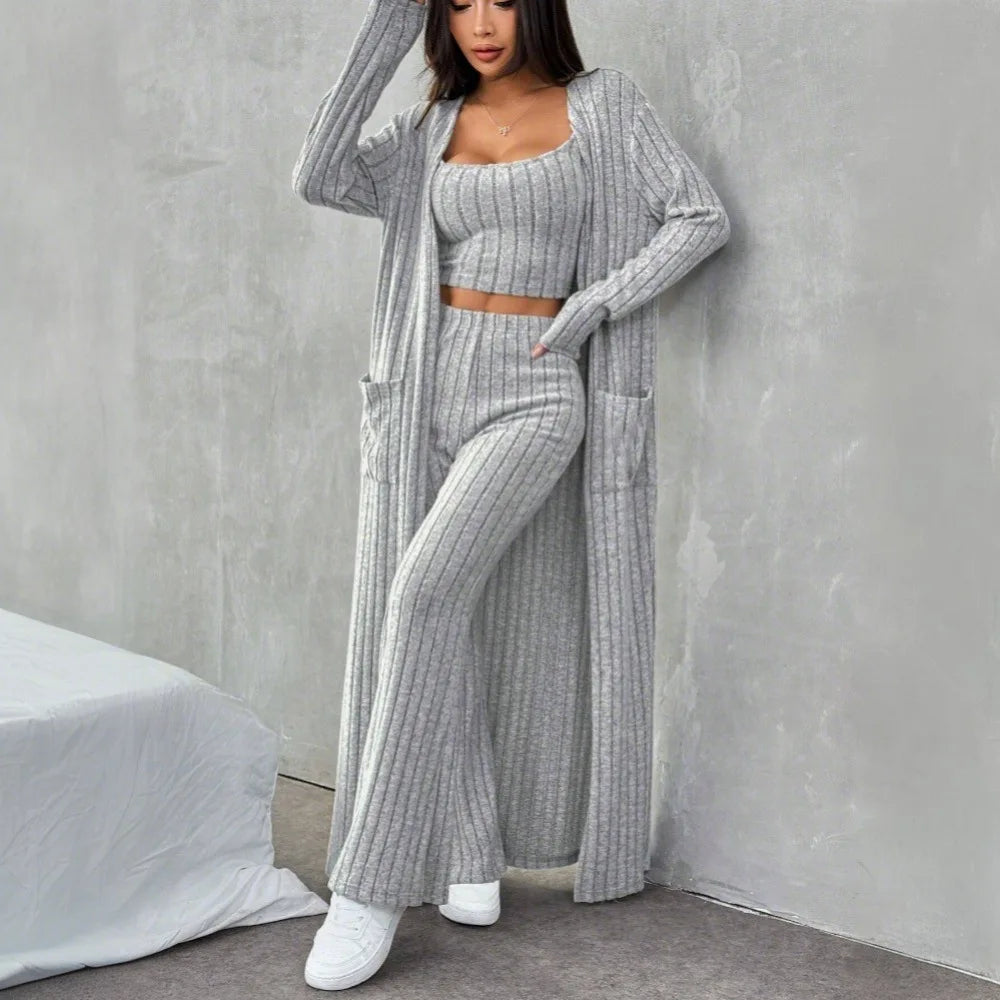 3-teiliges Damen Outfit Strickjacke Jacke Fitnessanzug Freizeitanzug Hausanzug