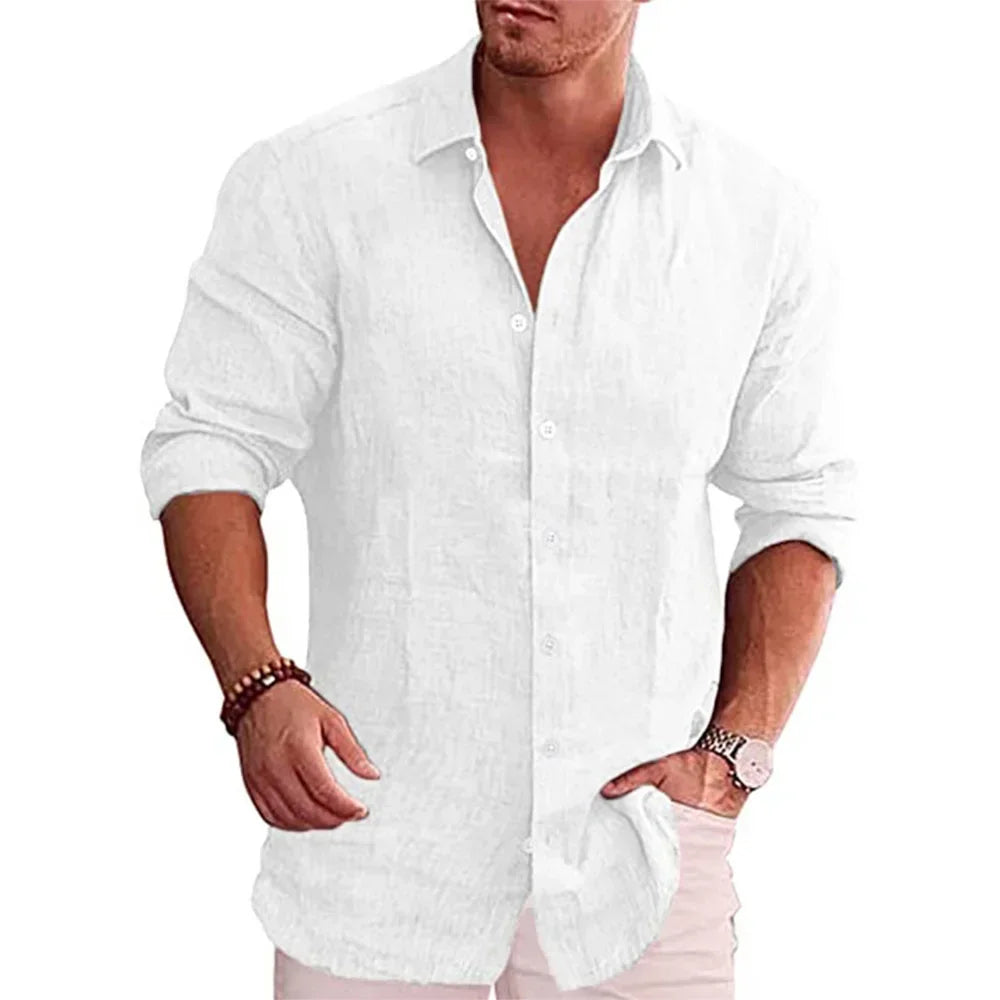 Herren Poloshirt Leinenhemd Langarm T-Shirt Leinen Hemd Polohemd Freizeithemd