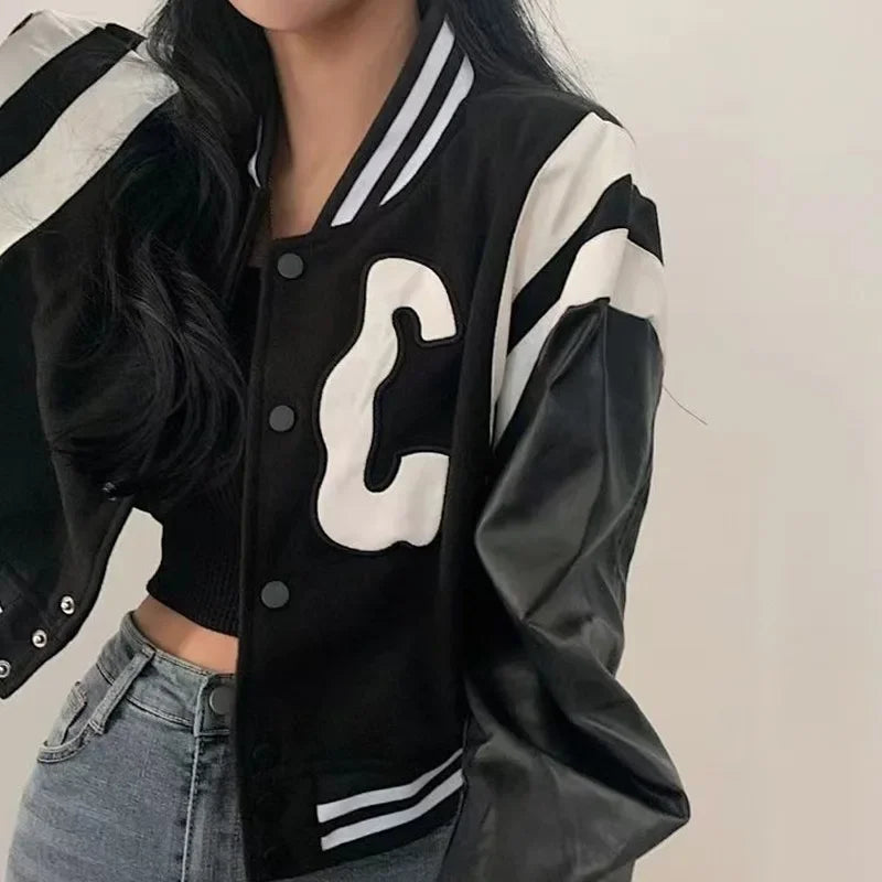 Damen College Baseball Retro Bomber Jacke Sweatjacke Collegejacke Streetwear